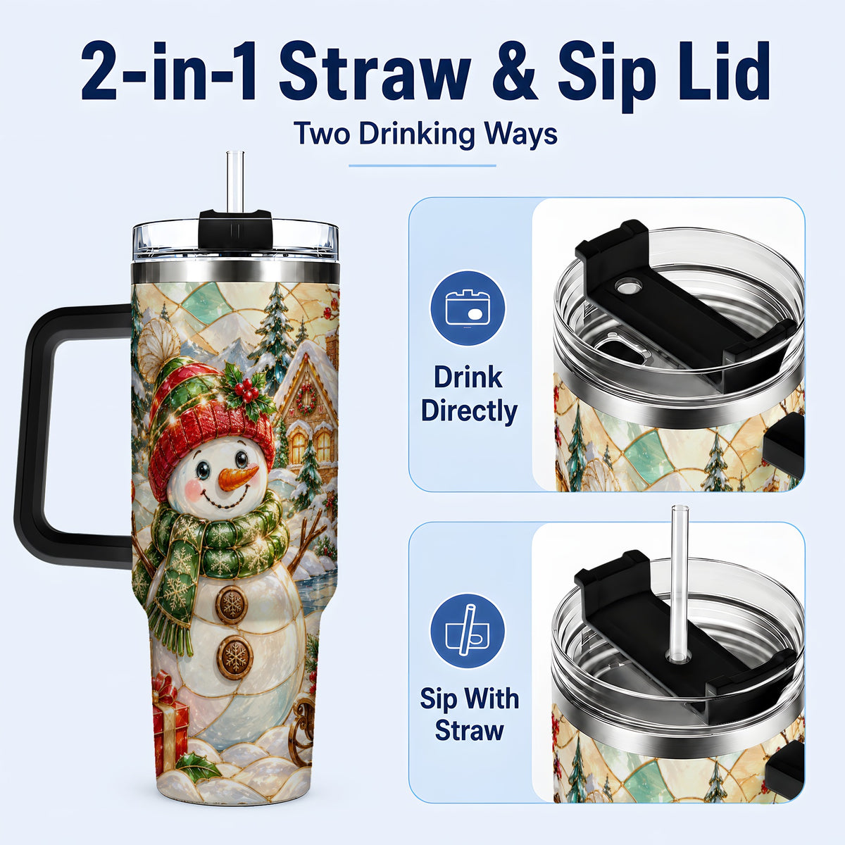 #pl[40oz|Black] Snowman Village 40oz Tumbler with Handle, Winter Travel Cup