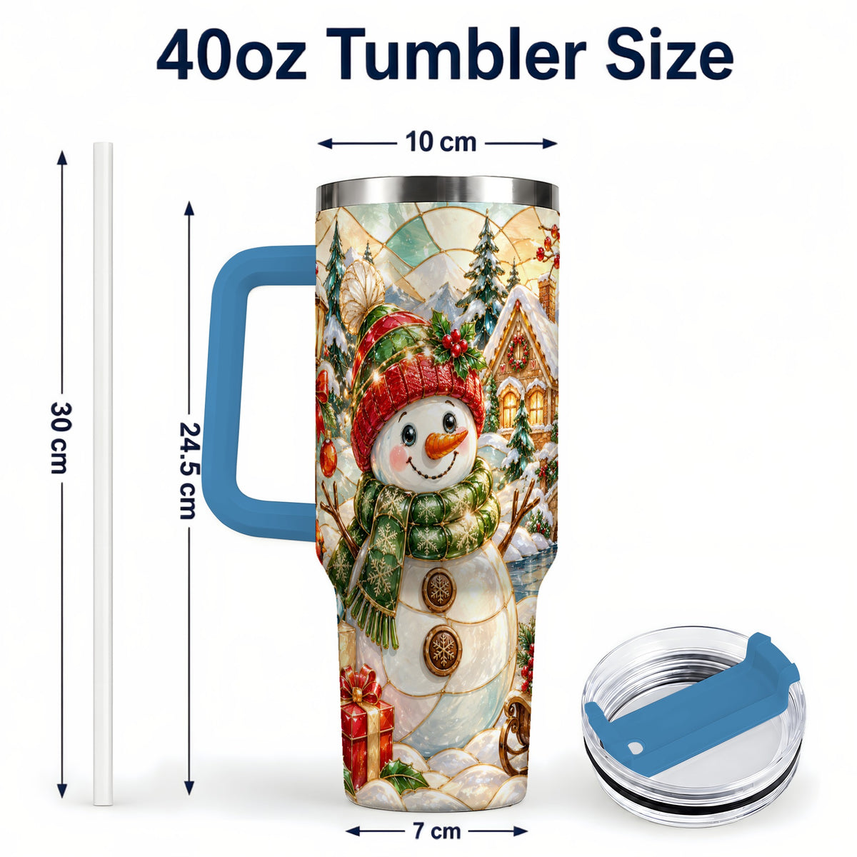 #pl[40oz|Blue] Snowman Village 40oz Tumbler with Handle, Winter Travel Cup