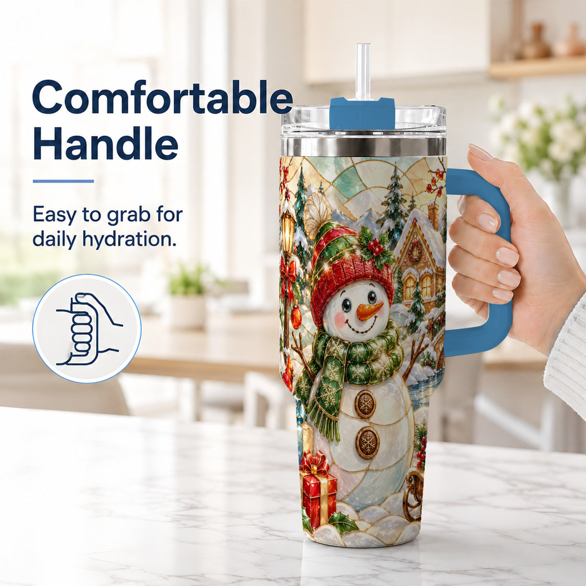 #pl[40oz|Blue] Snowman Village 40oz Tumbler with Handle, Winter Travel Cup
