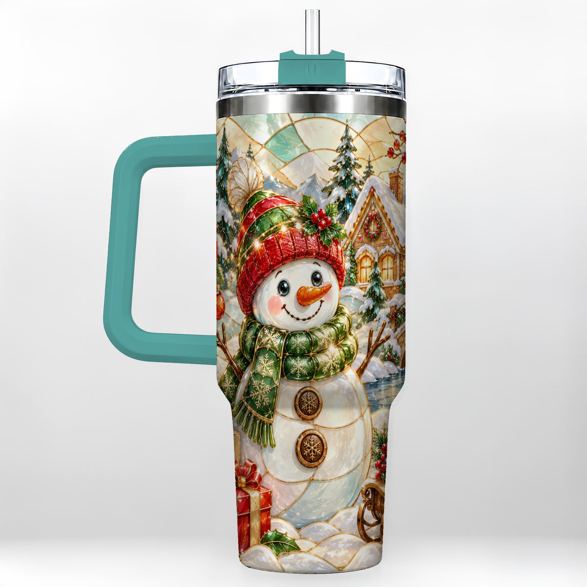 #pl[40oz|Green] Snowman Village 40oz Tumbler with Handle, Winter Travel Cup