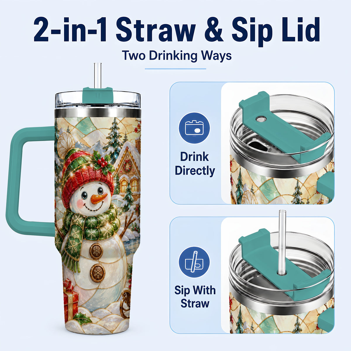 #pl[40oz|Green] Snowman Village 40oz Tumbler with Handle, Winter Travel Cup
