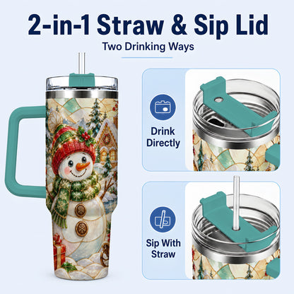 #pl[40oz|Green] Snowman Village 40oz Tumbler with Handle, Winter Travel Cup