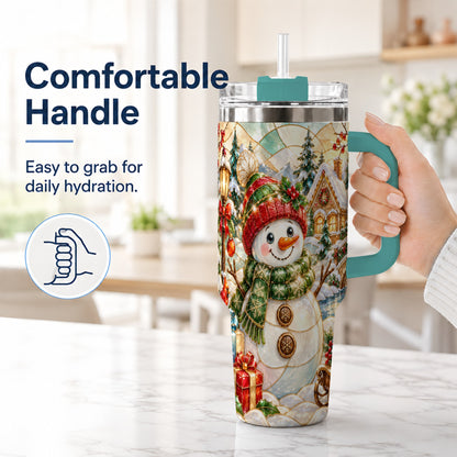#pl[40oz|Green] Snowman Village 40oz Tumbler with Handle, Winter Travel Cup