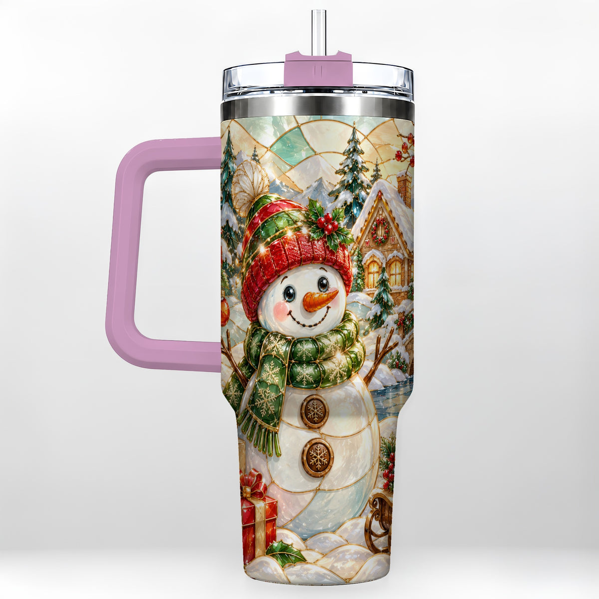 #pl[40oz|Pink] Snowman Village 40oz Tumbler with Handle, Winter Travel Cup