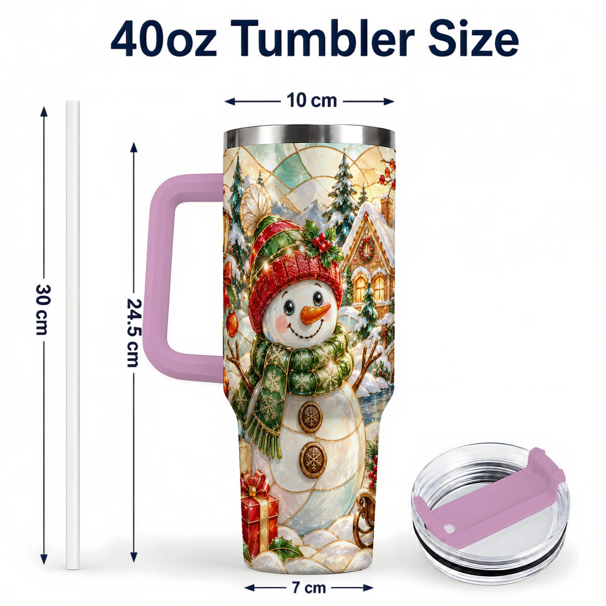 #pl[40oz|Pink] Snowman Village 40oz Tumbler with Handle, Winter Travel Cup