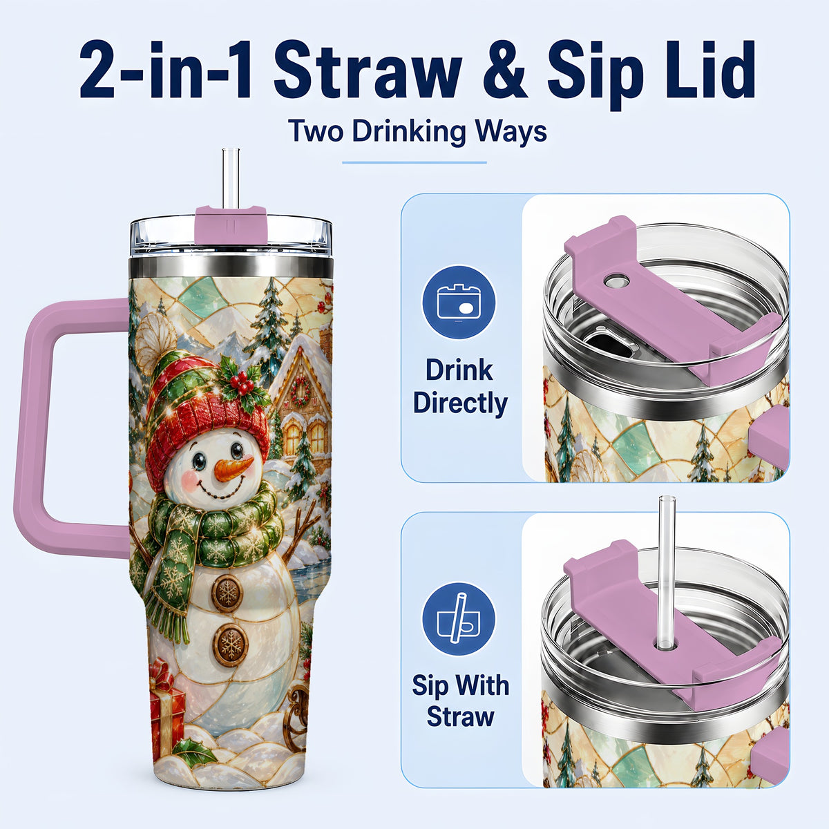 #pl[40oz|Pink] Snowman Village 40oz Tumbler with Handle, Winter Travel Cup