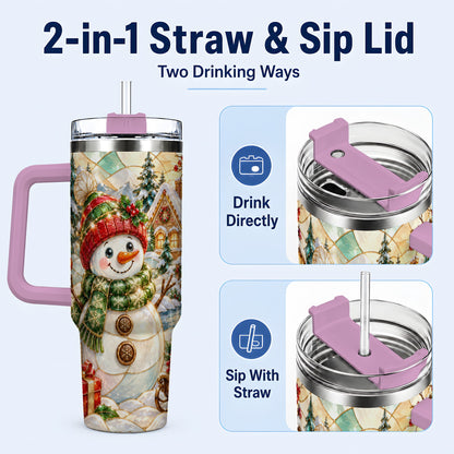 #pl[40oz|Pink] Snowman Village 40oz Tumbler with Handle, Winter Travel Cup