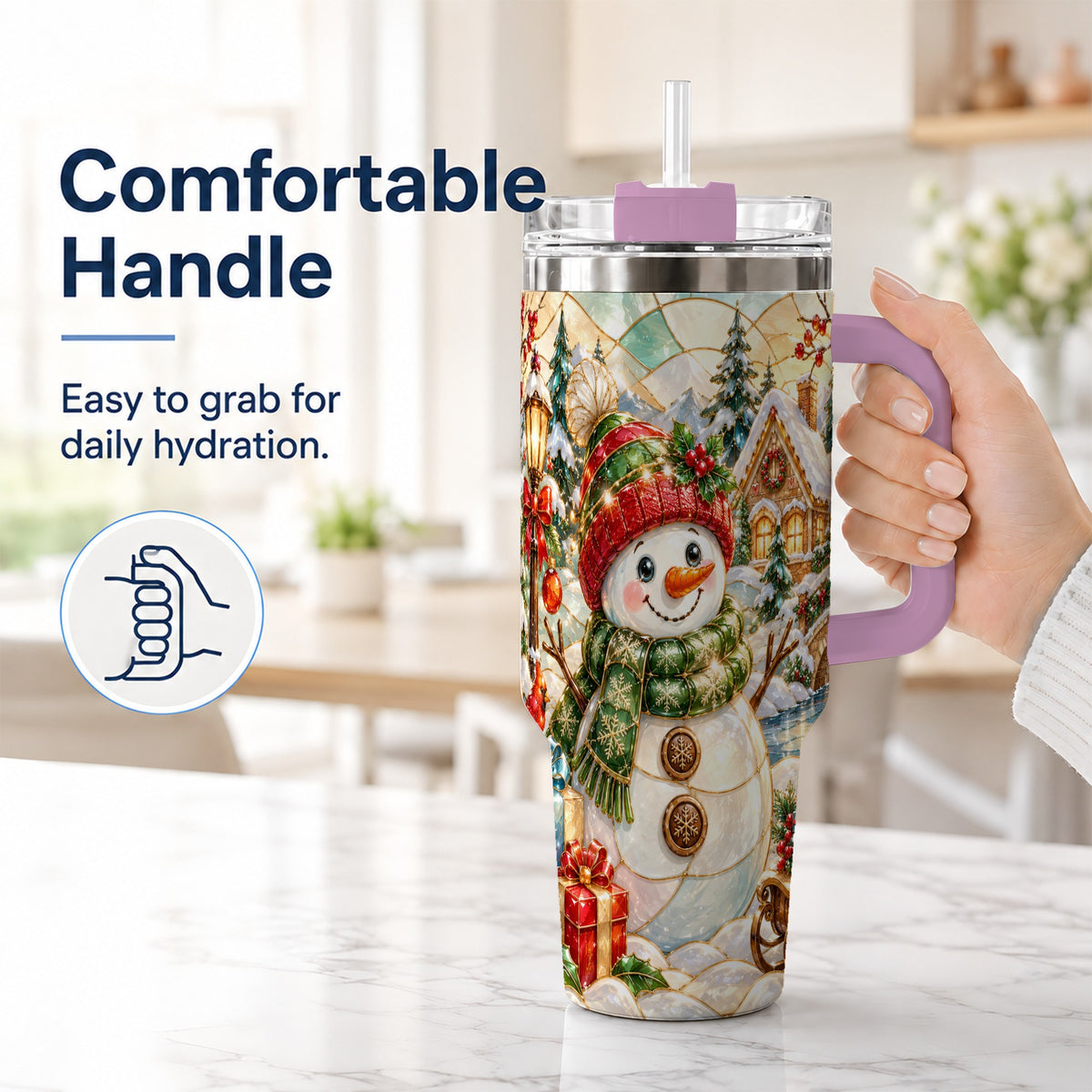 #pl[40oz|Pink] Snowman Village 40oz Tumbler with Handle, Winter Travel Cup