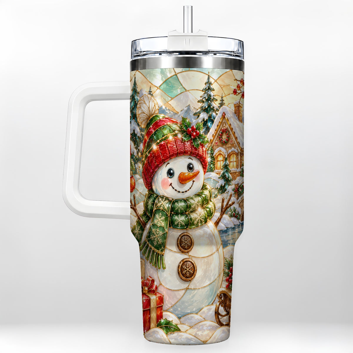 Snowman Village 40oz Tumbler with Handle, Winter Travel Cup