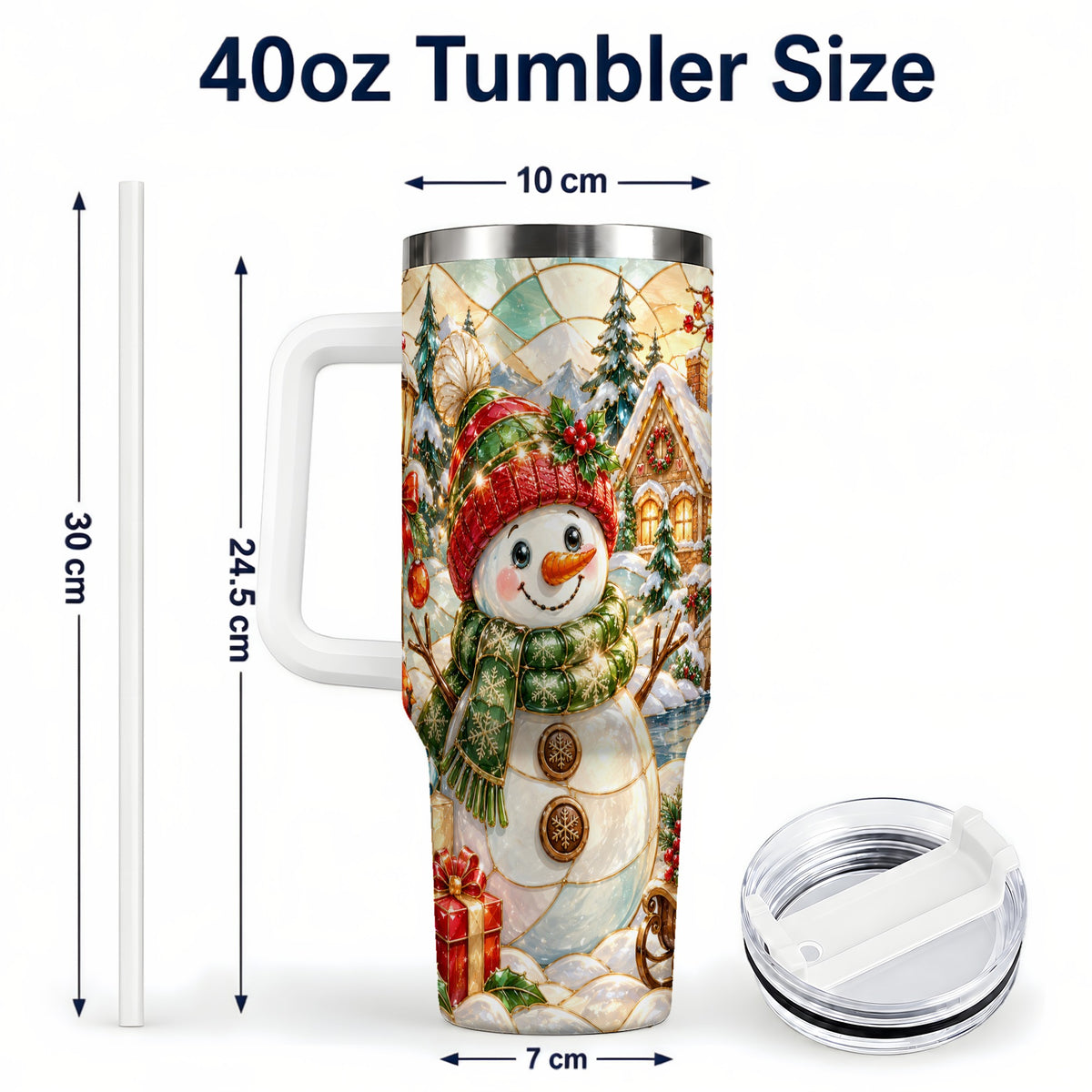 #pl[40oz|White] Snowman Village 40oz Tumbler with Handle, Winter Travel Cup