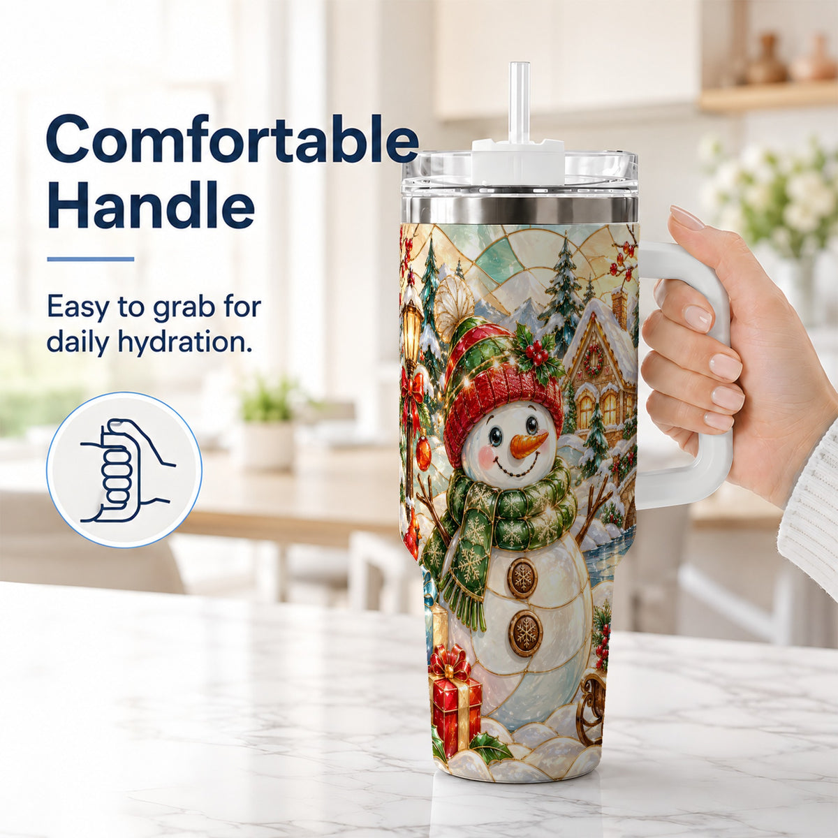 #pl[40oz|White] Snowman Village 40oz Tumbler with Handle, Winter Travel Cup