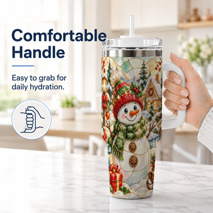 #pl[40oz|White] Snowman Village 40oz Tumbler with Handle, Winter Travel Cup