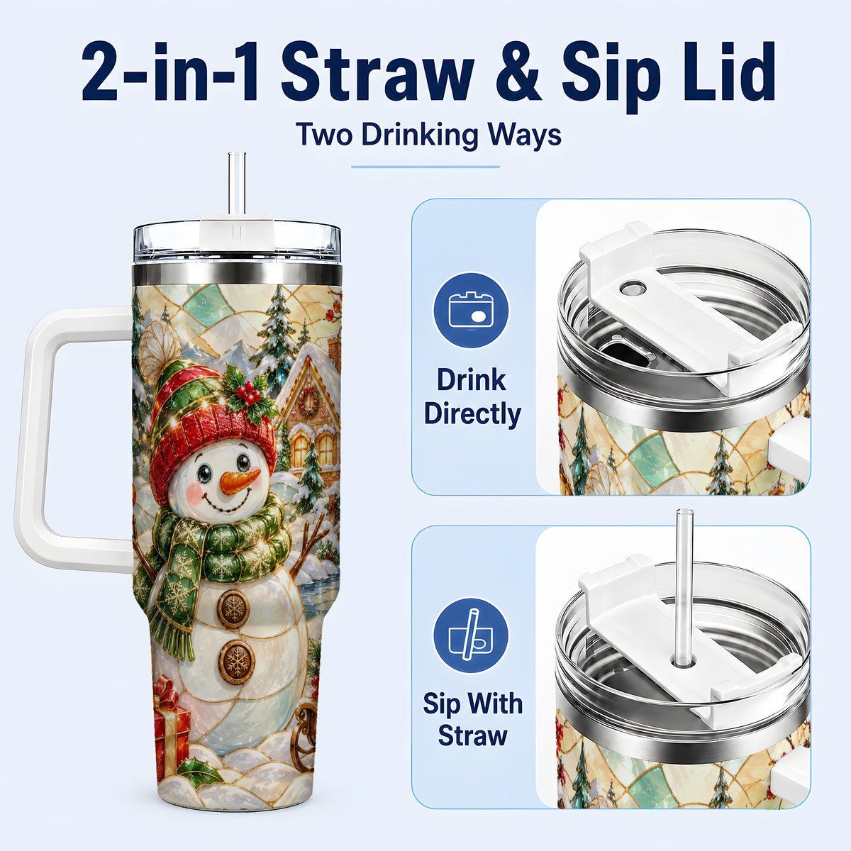 #pl[40oz|White] Snowman Village 40oz Tumbler with Handle, Winter Travel Cup