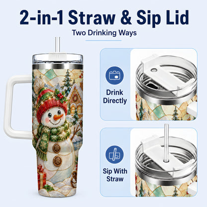 #pl[40oz|White] Snowman Village 40oz Tumbler with Handle, Winter Travel Cup