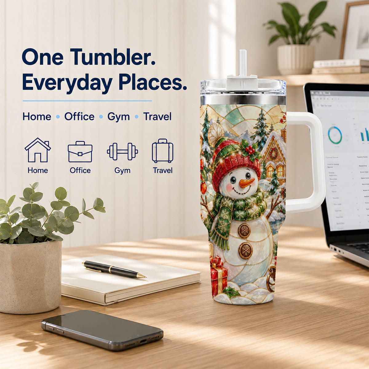 Snowman Village 40oz Tumbler with Handle, Winter Travel Cup