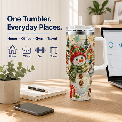 Snowman Village 40oz Tumbler with Handle, Winter Travel Cup