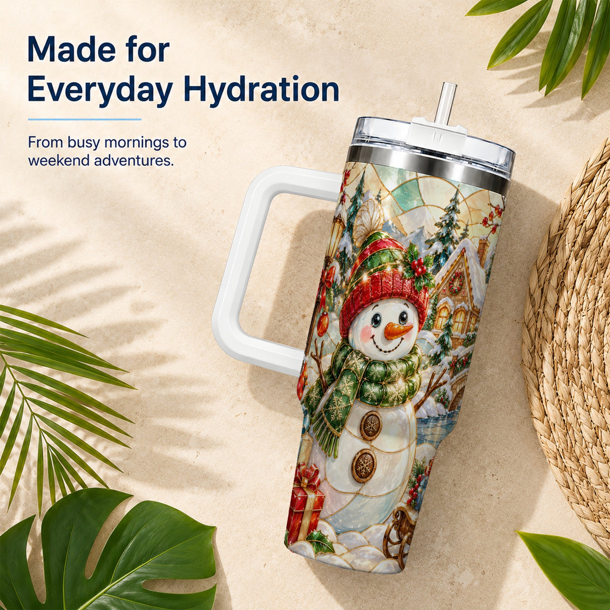 Snowman Village 40oz Tumbler with Handle, Winter Travel Cup