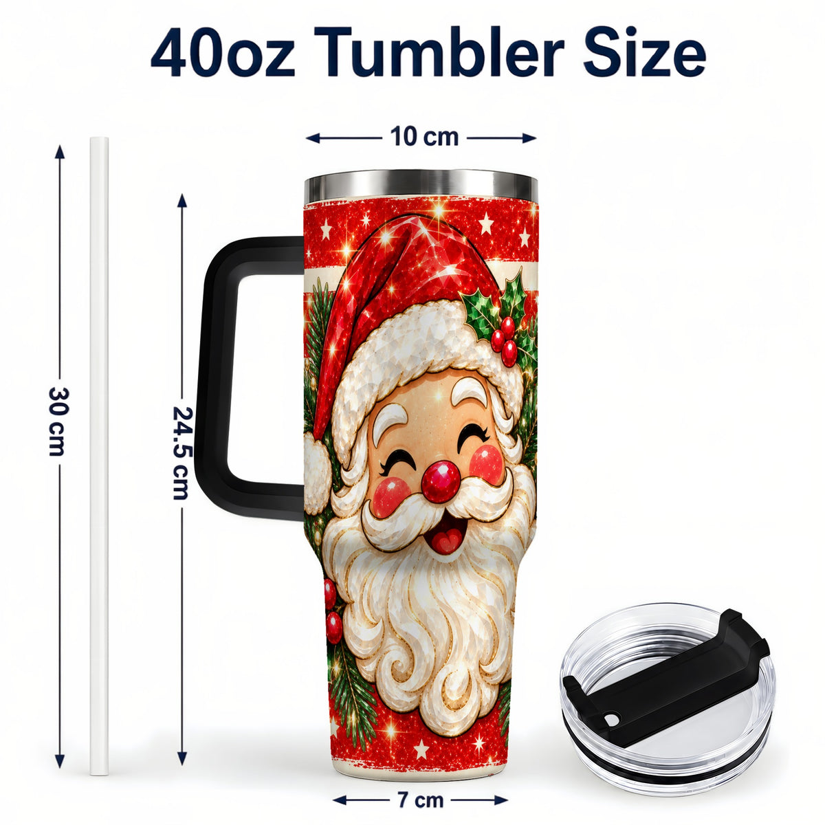 #pl[40oz|Black] Smiling Santa 40oz Tumbler with Handle, Christmas Travel Cup