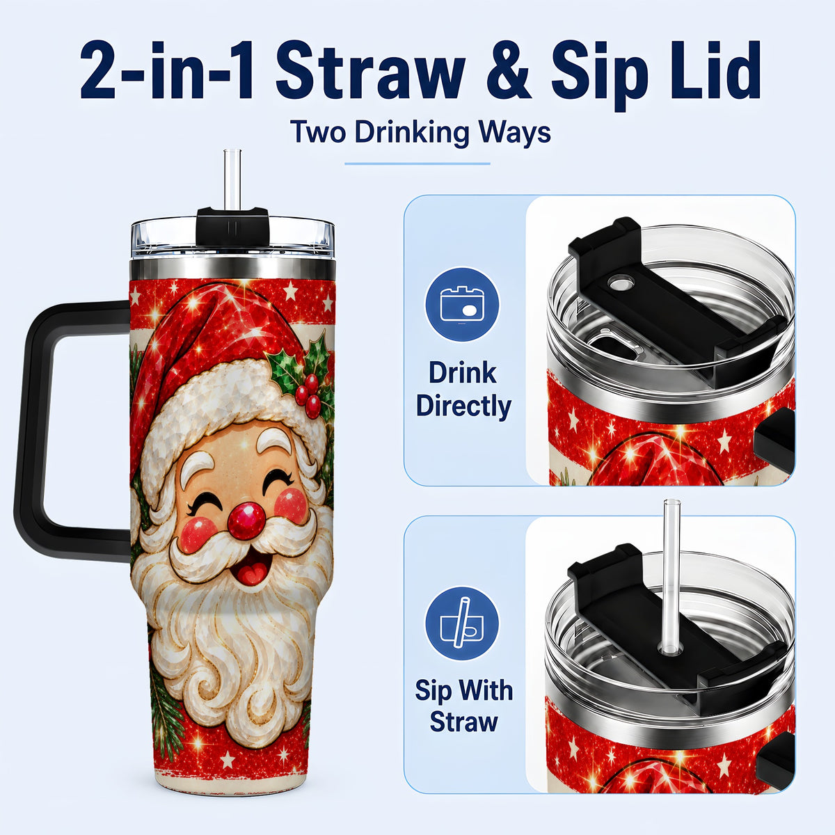 #pl[40oz|Black] Smiling Santa 40oz Tumbler with Handle, Christmas Travel Cup