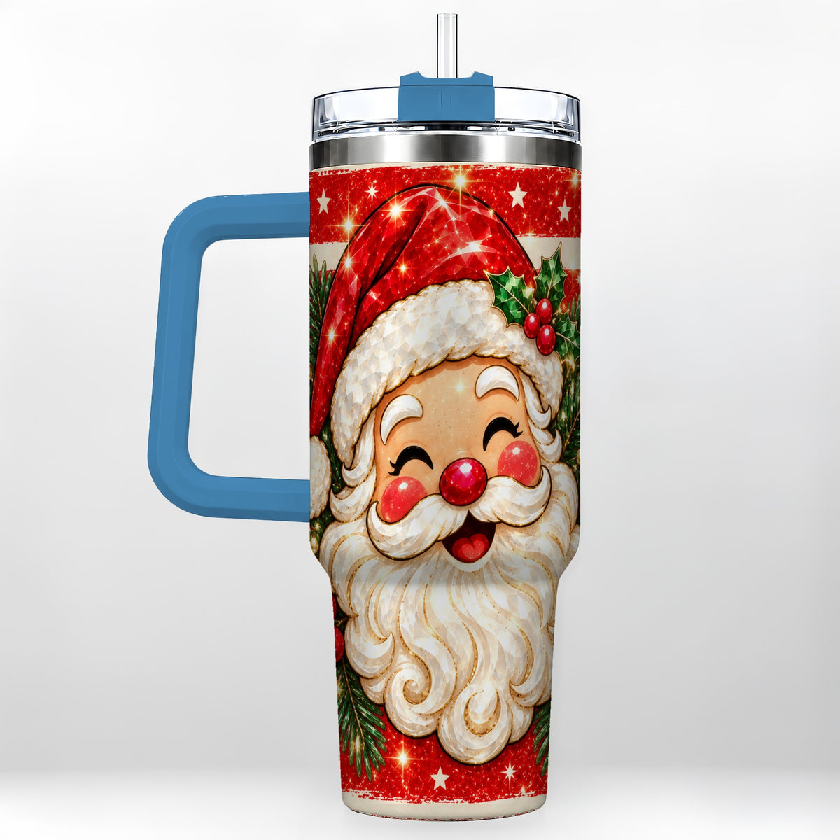 #pl[40oz|Blue] Smiling Santa 40oz Tumbler with Handle, Christmas Travel Cup