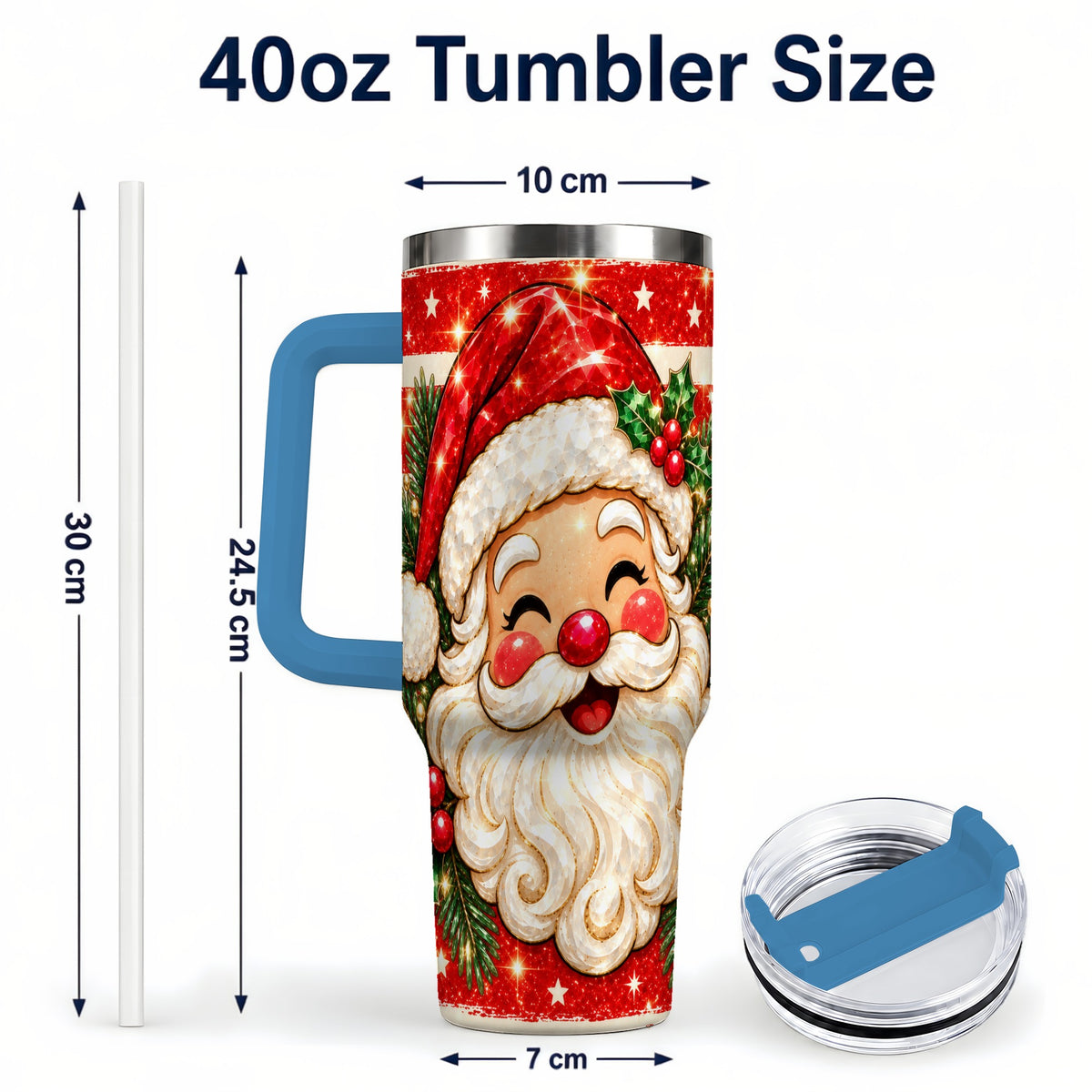 #pl[40oz|Blue] Smiling Santa 40oz Tumbler with Handle, Christmas Travel Cup