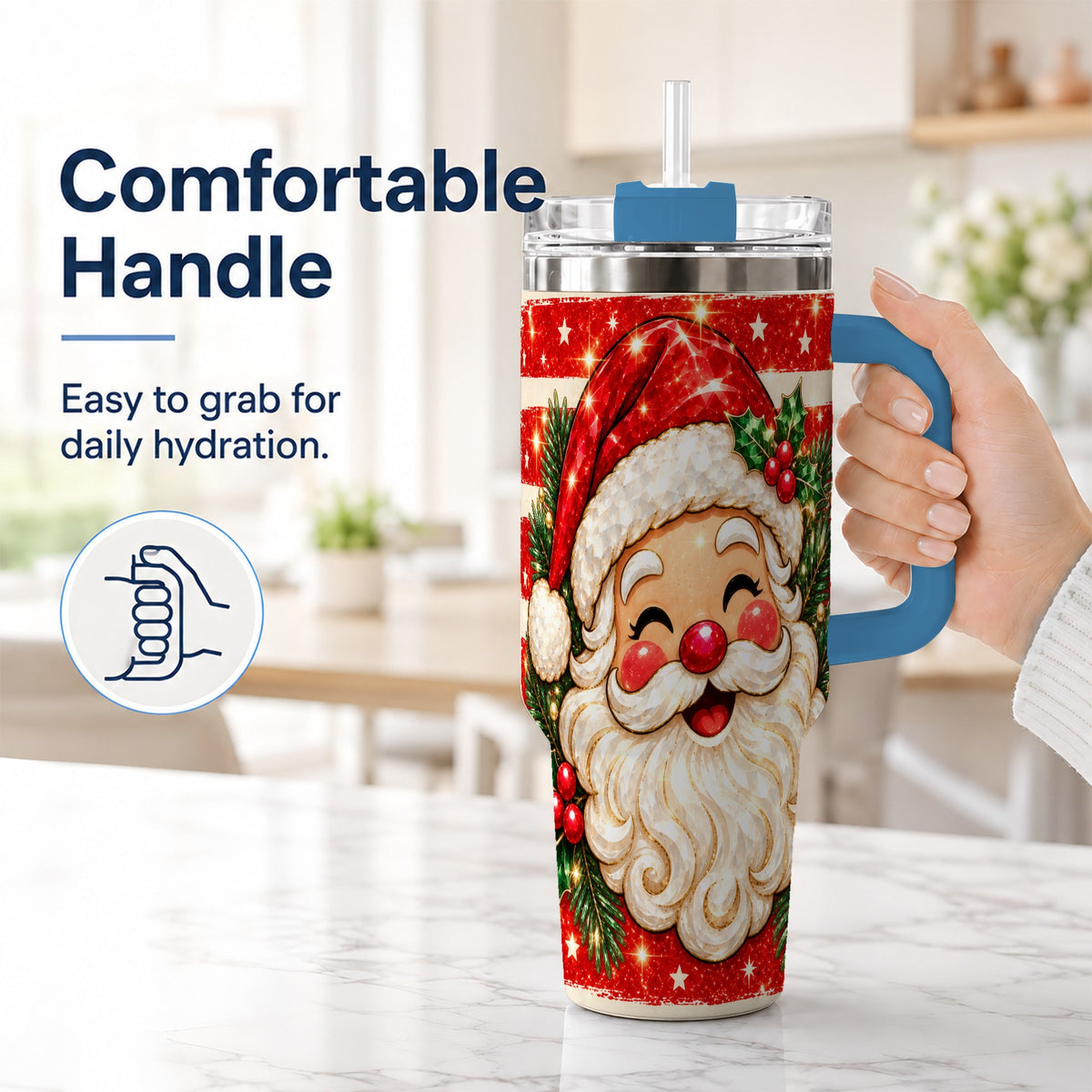 #pl[40oz|Blue] Smiling Santa 40oz Tumbler with Handle, Christmas Travel Cup