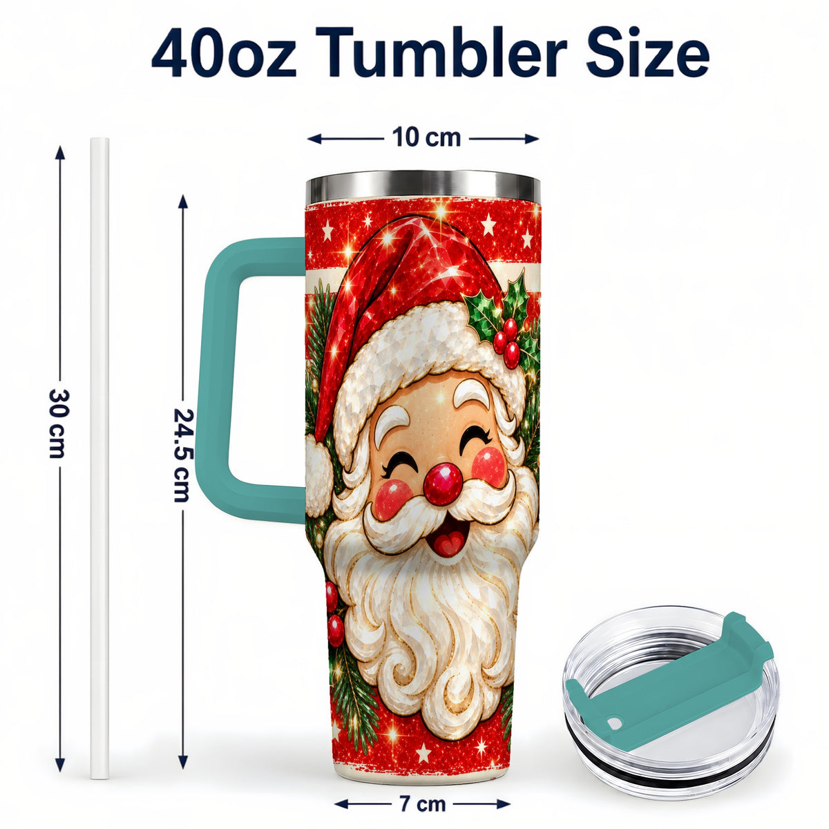 #pl[40oz|Green] Smiling Santa 40oz Tumbler with Handle, Christmas Travel Cup