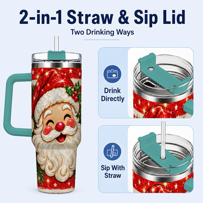 #pl[40oz|Green] Smiling Santa 40oz Tumbler with Handle, Christmas Travel Cup