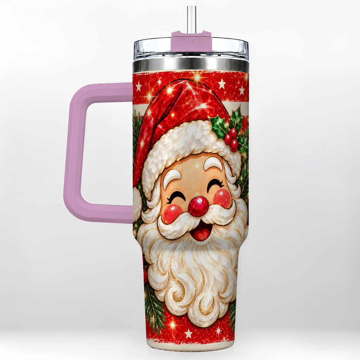 #pl[40oz|Pink] Smiling Santa 40oz Tumbler with Handle, Christmas Travel Cup
