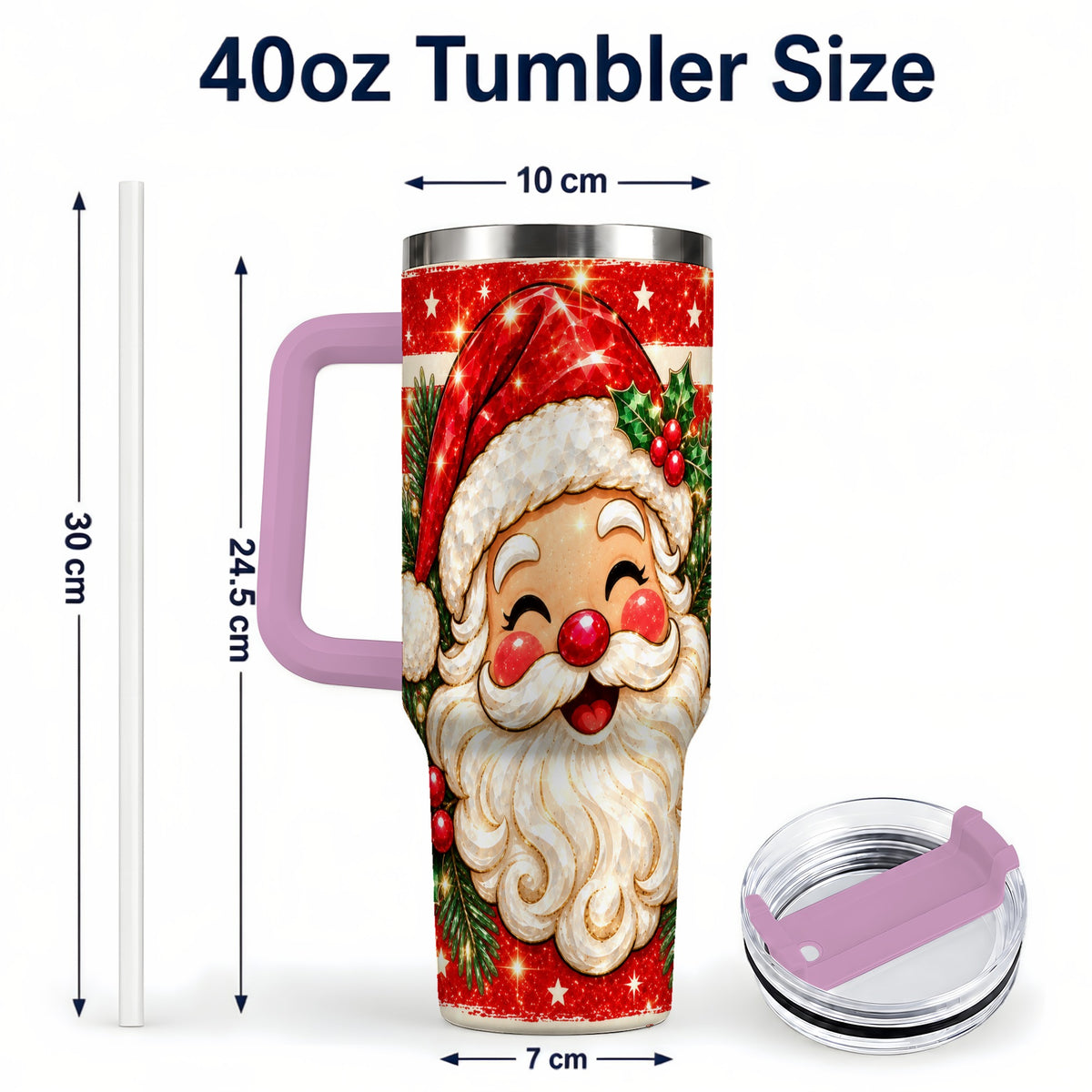 #pl[40oz|Pink] Smiling Santa 40oz Tumbler with Handle, Christmas Travel Cup