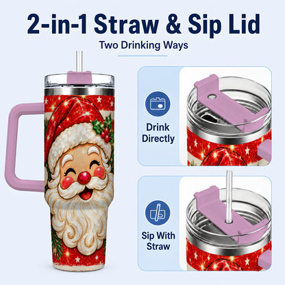 #pl[40oz|Pink] Smiling Santa 40oz Tumbler with Handle, Christmas Travel Cup