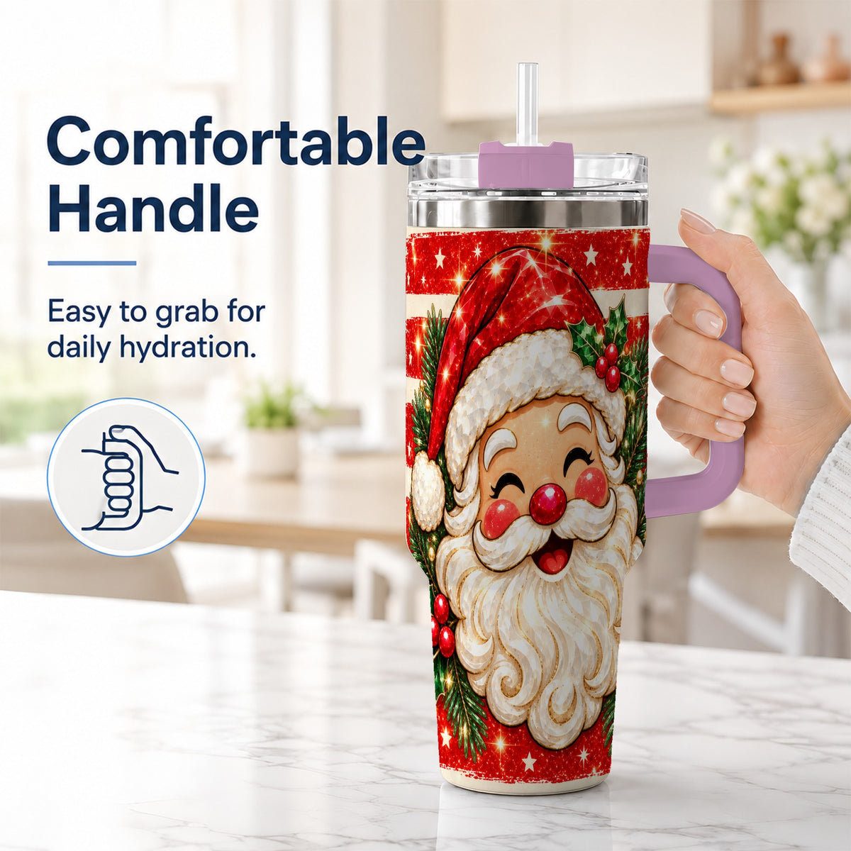 #pl[40oz|Pink] Smiling Santa 40oz Tumbler with Handle, Christmas Travel Cup