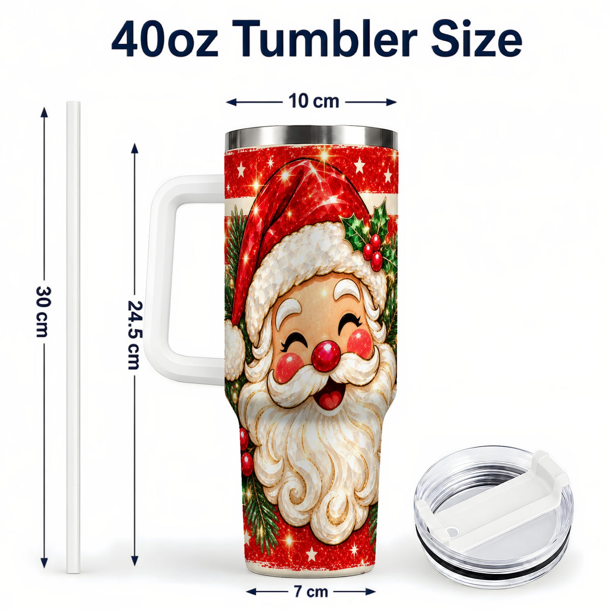 #pl[40oz|White] Smiling Santa 40oz Tumbler with Handle, Christmas Travel Cup