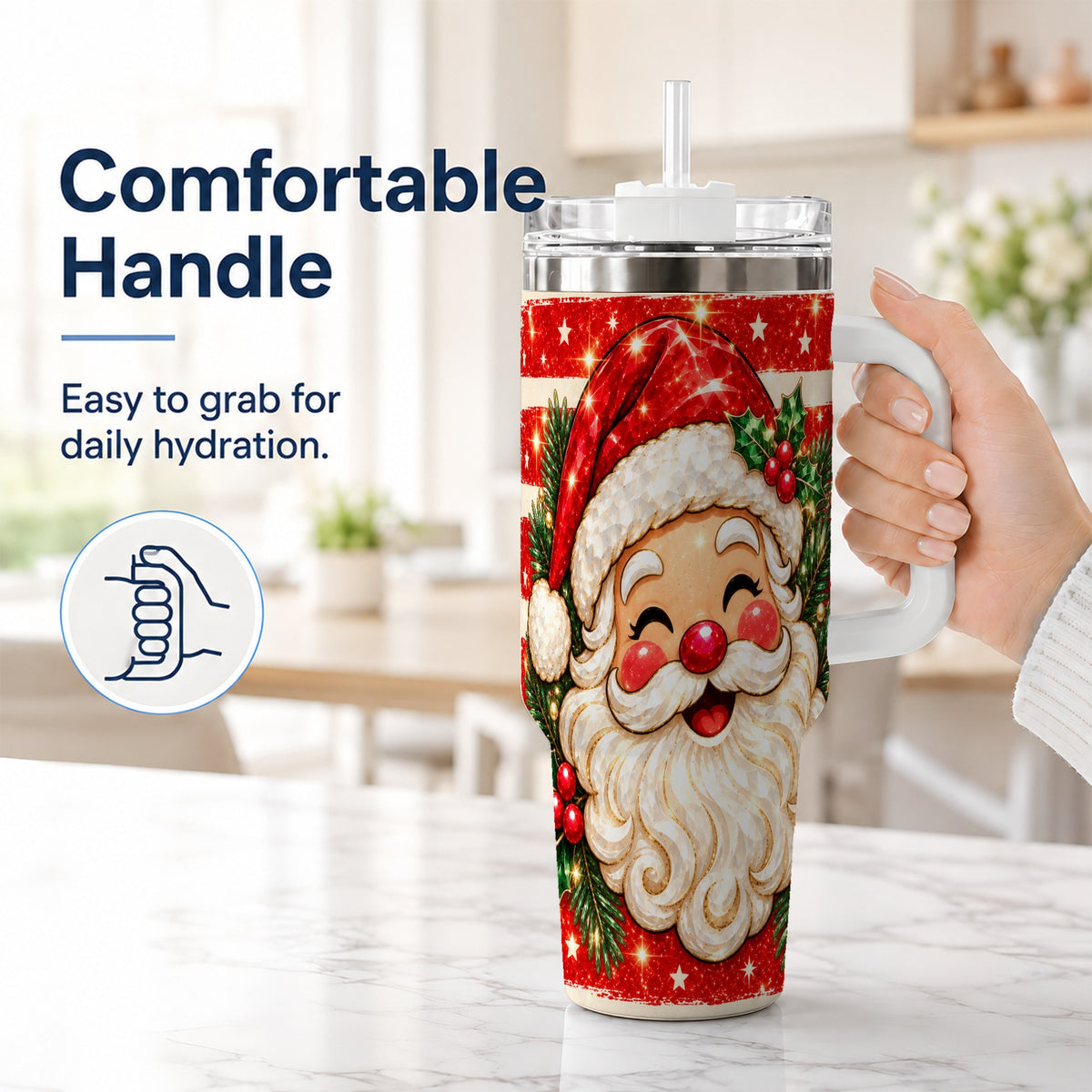 #pl[40oz|White] Smiling Santa 40oz Tumbler with Handle, Christmas Travel Cup