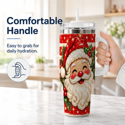 #pl[40oz|White] Smiling Santa 40oz Tumbler with Handle, Christmas Travel Cup