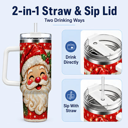 #pl[40oz|White] Smiling Santa 40oz Tumbler with Handle, Christmas Travel Cup