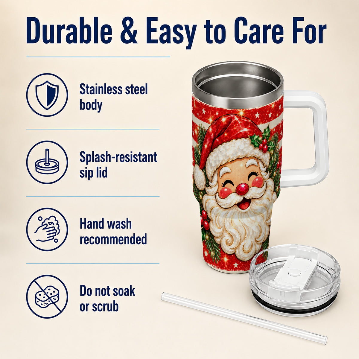 Smiling Santa 40oz Tumbler with Handle, Christmas Travel Cup
