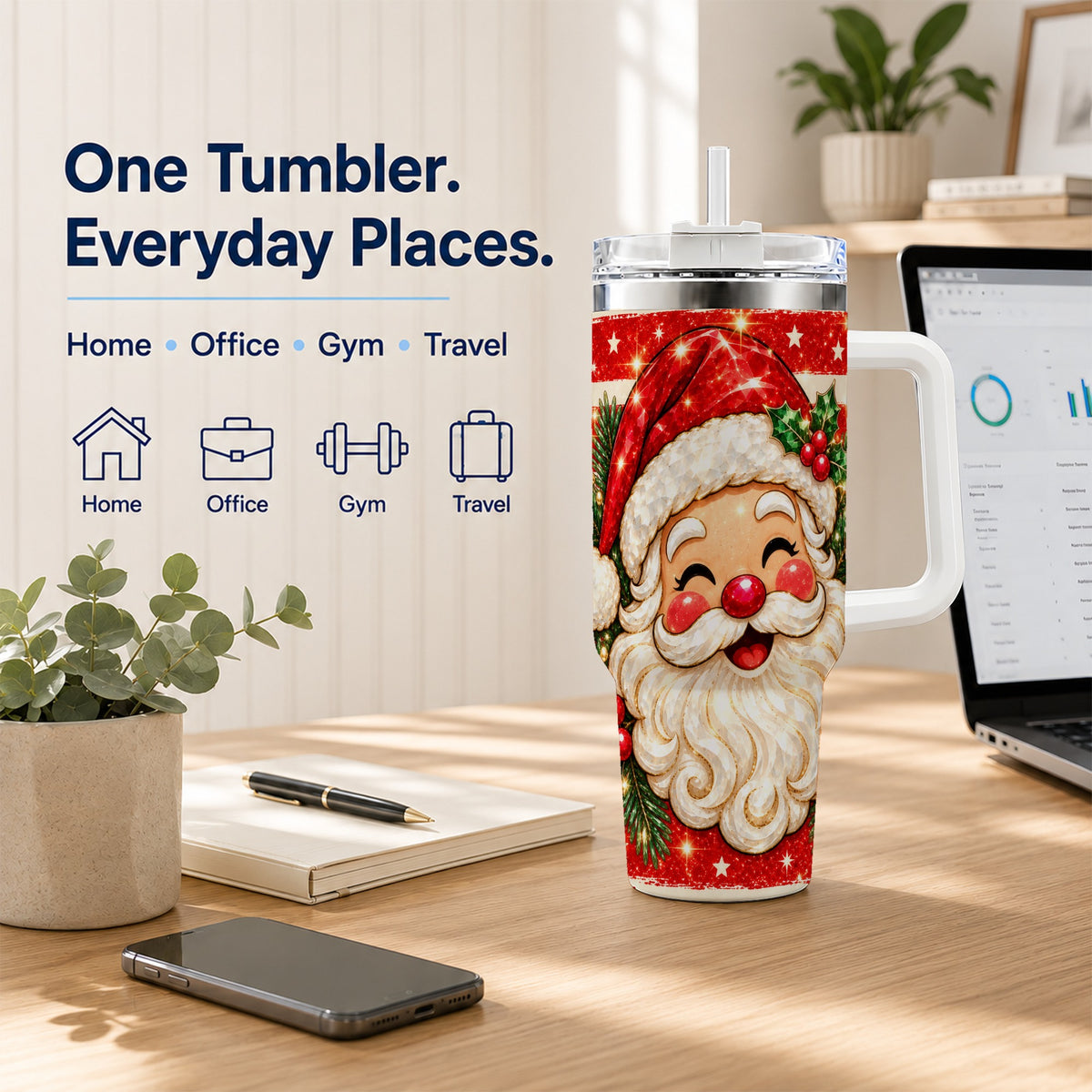 Smiling Santa 40oz Tumbler with Handle, Christmas Travel Cup