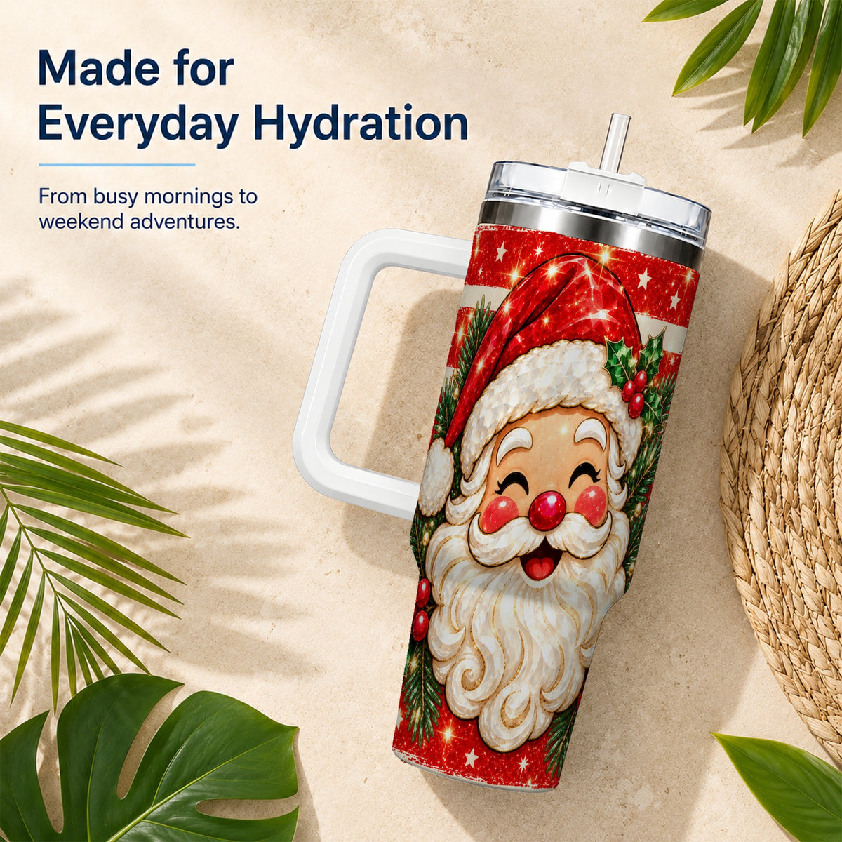 Smiling Santa 40oz Tumbler with Handle, Christmas Travel Cup