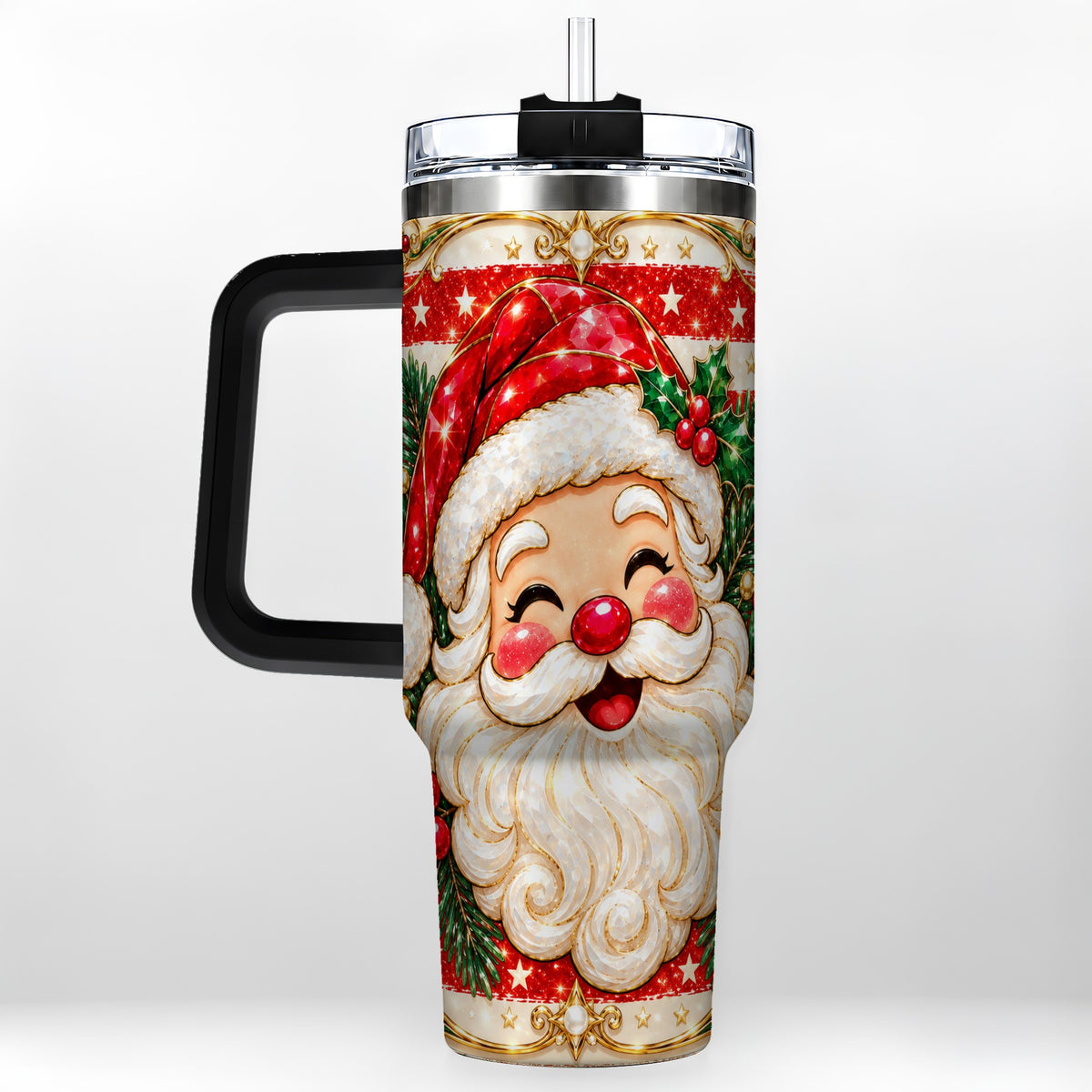 #pl[40oz|Black] Ornate Santa 40oz Tumbler with Handle, Poinsettia Travel Cup