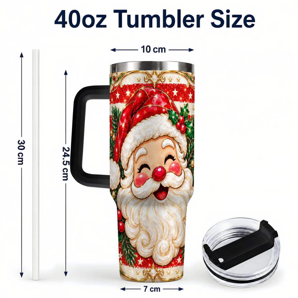 #pl[40oz|Black] Ornate Santa 40oz Tumbler with Handle, Poinsettia Travel Cup