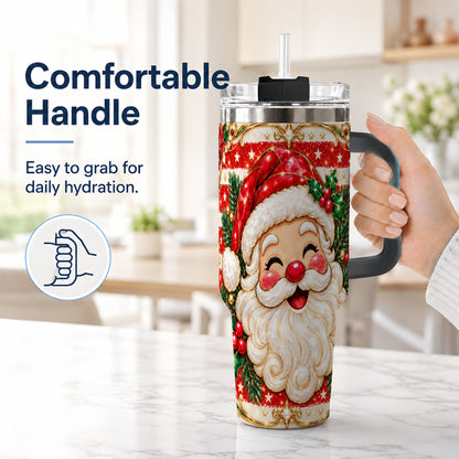 #pl[40oz|Black] Ornate Santa 40oz Tumbler with Handle, Poinsettia Travel Cup