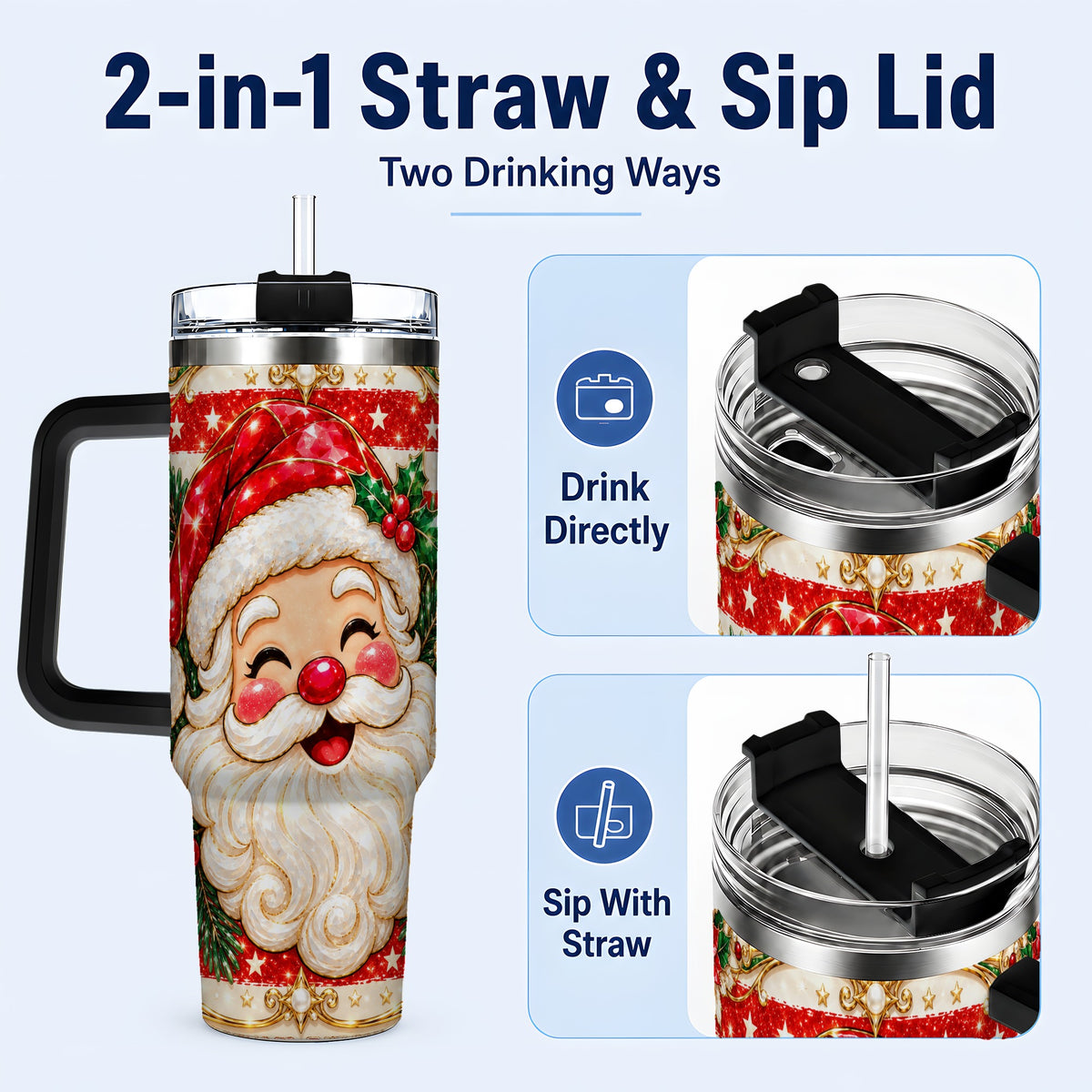 #pl[40oz|Black] Ornate Santa 40oz Tumbler with Handle, Poinsettia Travel Cup