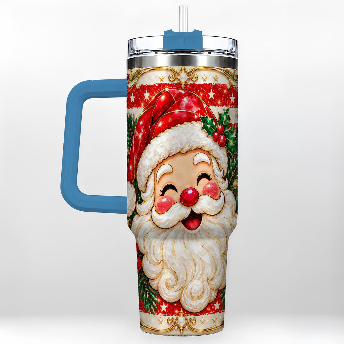 #pl[40oz|Blue] Ornate Santa 40oz Tumbler with Handle, Poinsettia Travel Cup