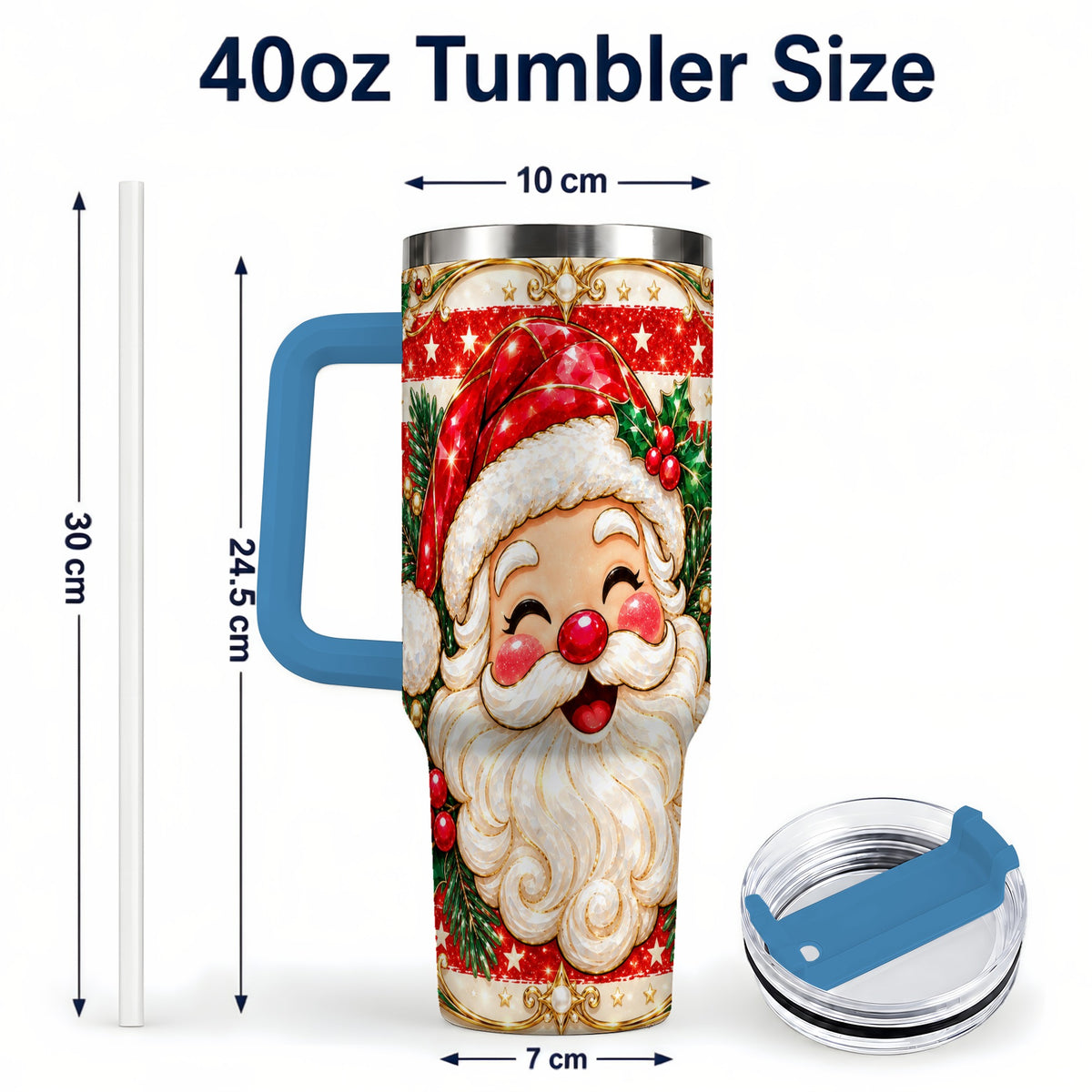 #pl[40oz|Blue] Ornate Santa 40oz Tumbler with Handle, Poinsettia Travel Cup