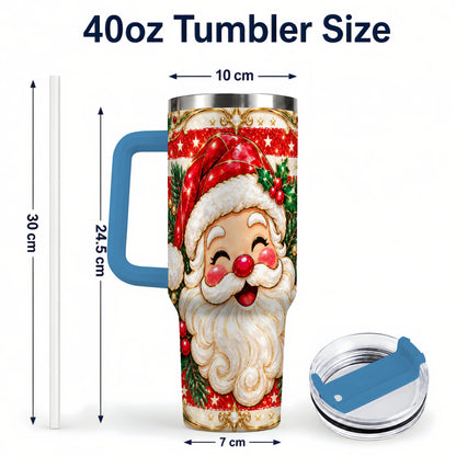 #pl[40oz|Blue] Ornate Santa 40oz Tumbler with Handle, Poinsettia Travel Cup