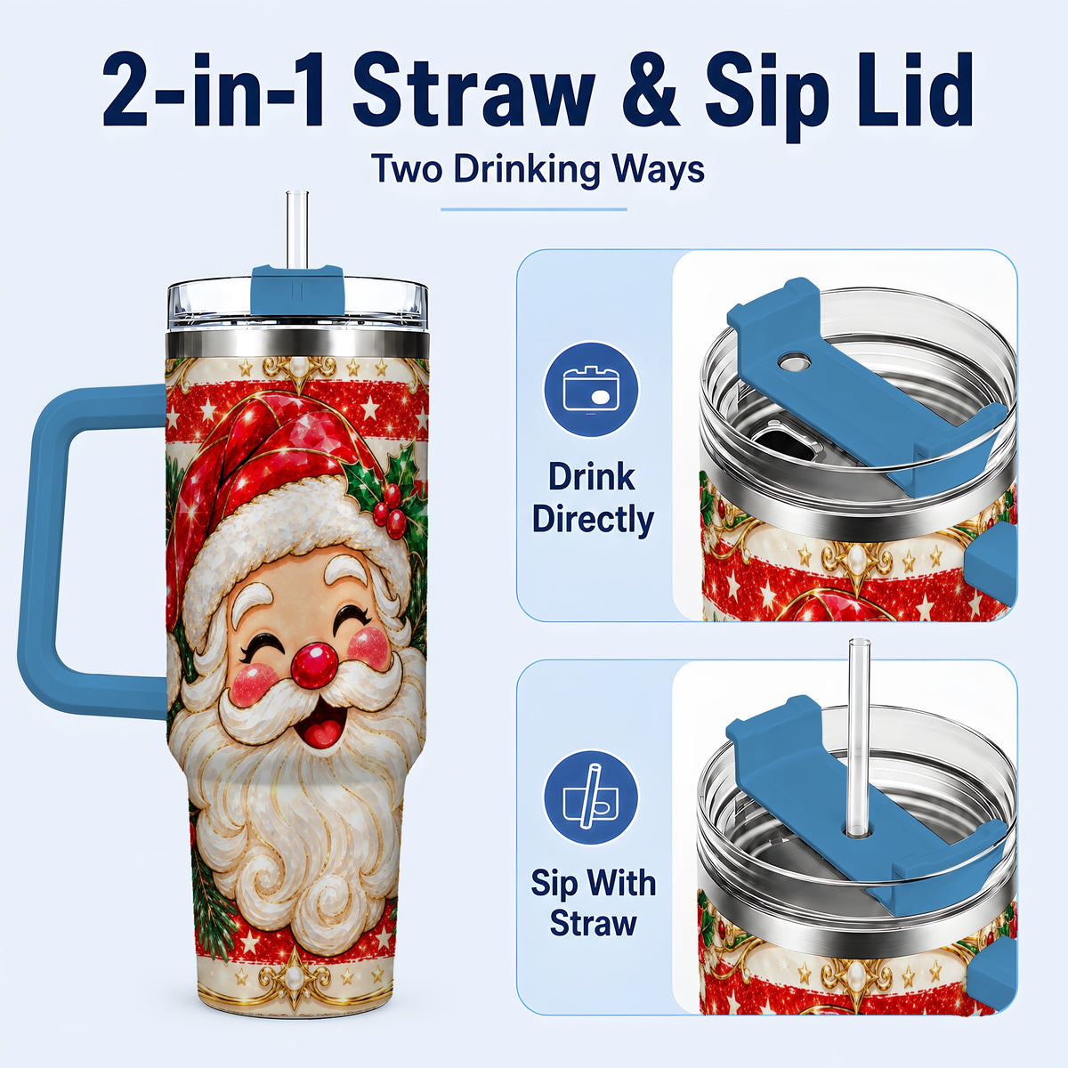 #pl[40oz|Blue] Ornate Santa 40oz Tumbler with Handle, Poinsettia Travel Cup
