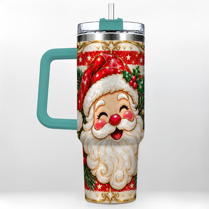 #pl[40oz|Green] Ornate Santa 40oz Tumbler with Handle, Poinsettia Travel Cup