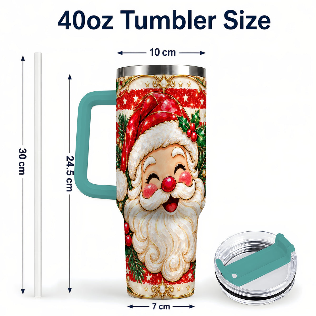 #pl[40oz|Green] Ornate Santa 40oz Tumbler with Handle, Poinsettia Travel Cup
