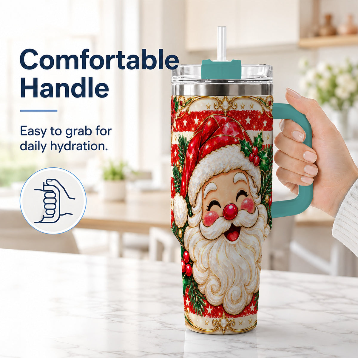 #pl[40oz|Green] Ornate Santa 40oz Tumbler with Handle, Poinsettia Travel Cup